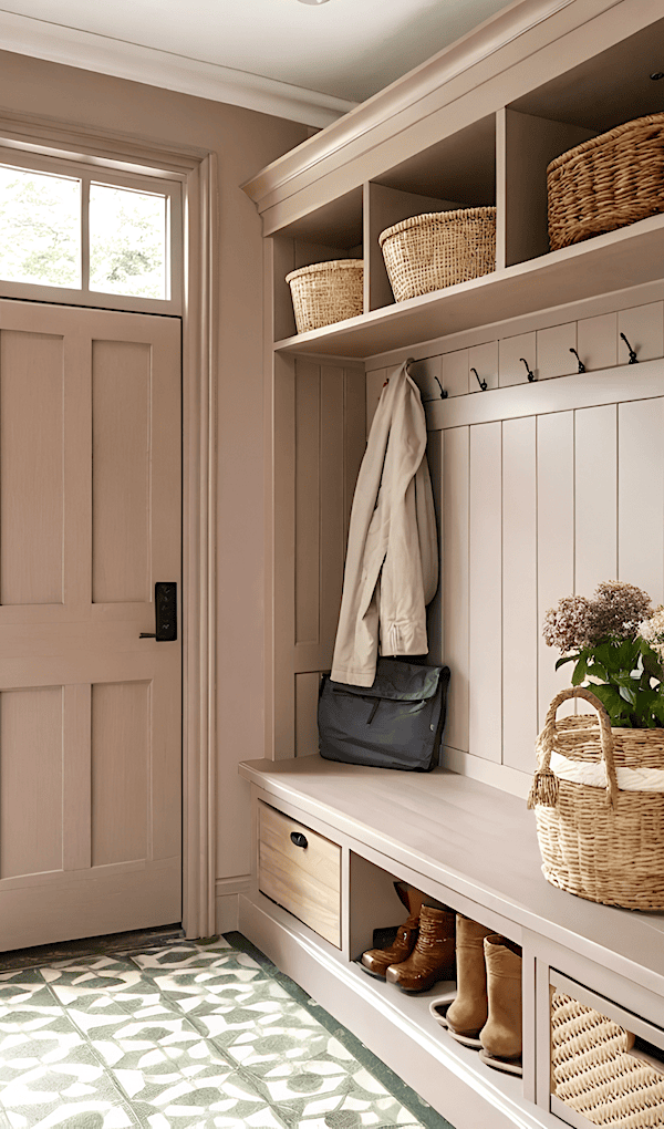 Mudroom Bench in Pretty Rose-Pink Farmhouse Mudroom