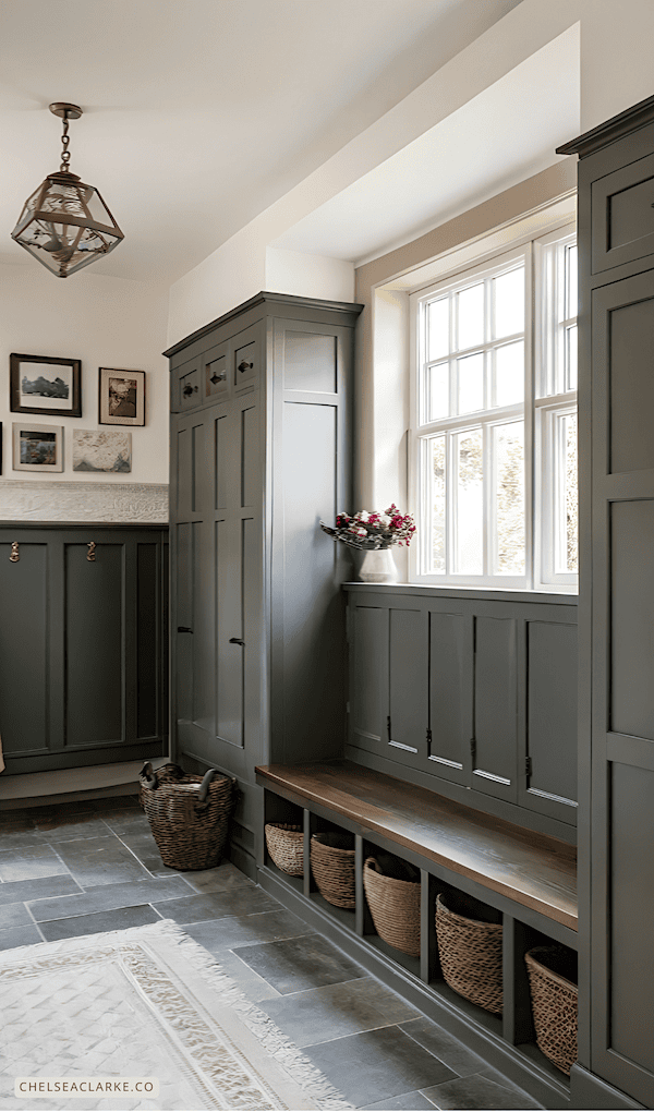 Emerald Green Built-In Mudroom Cabinets