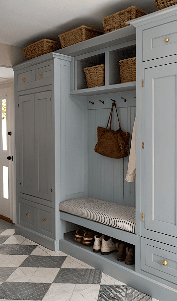 Pretty Mudroom Design with Powder Blue Built-In Cabinet