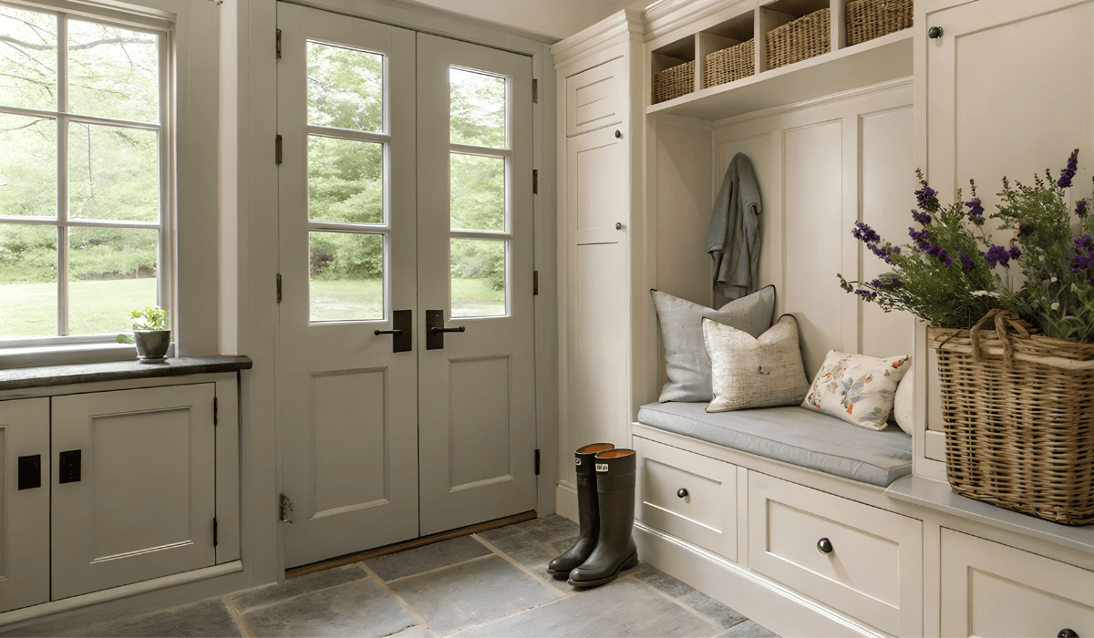 Super Pretty Farmhouse Mudroom Ideas that hide the mess