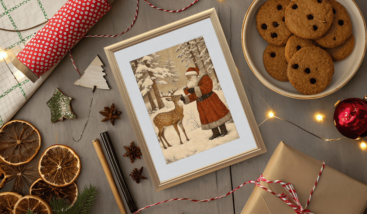 flat lay of christmas decor including framed Vintage Christmas Prints