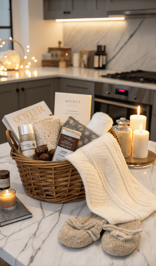 selection of brr basket gift ideas on a kitchen island at Christmas time