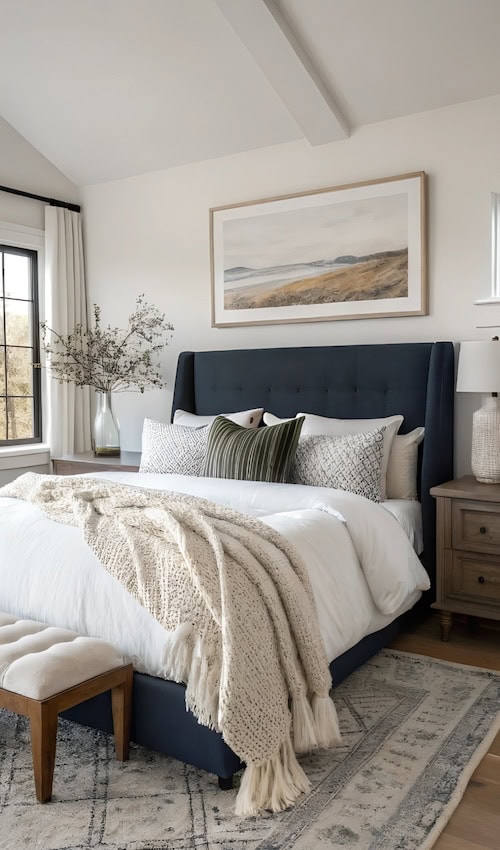 cozy earthy bedroom decorated with lots of pillows