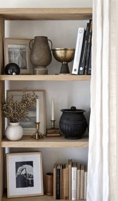 layers of decor on bookshelf in cozy bedroom