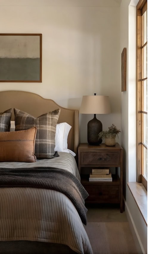 a neatly decorated  cozy earthy bedroom