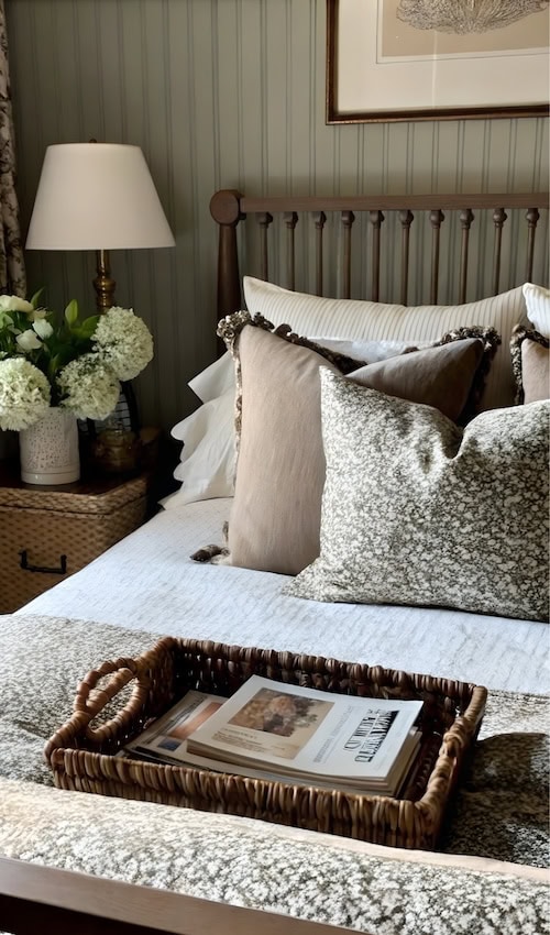 layers of decor in cozy cottage bedroom