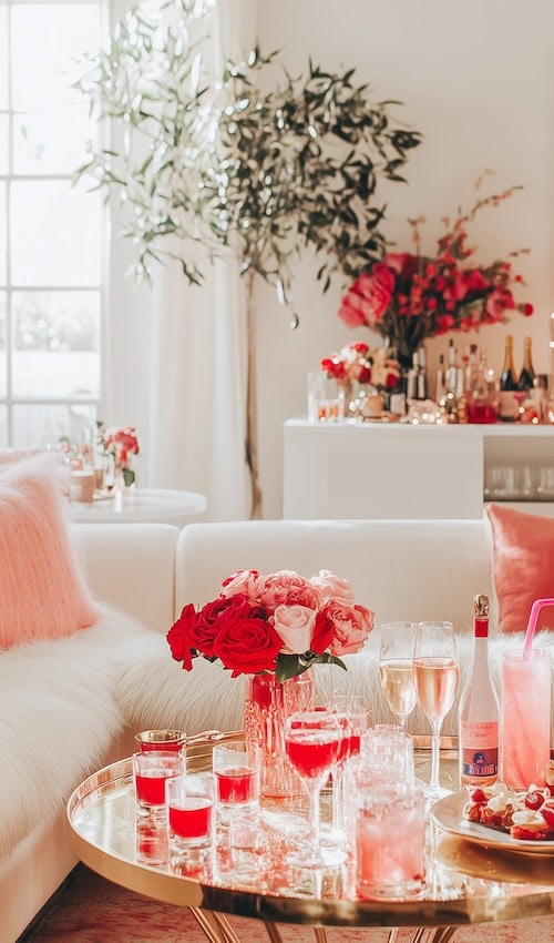 feminine pink and red galentines living room decor