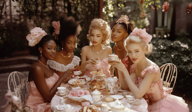 group of women enjoy high tea from the ultimate list of Cute and Fun Galentines Party Ideas