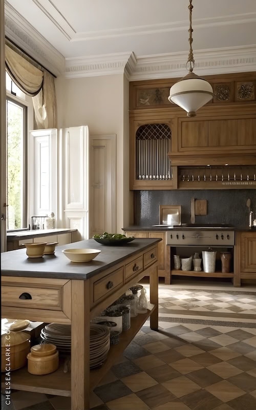 antique kitchen island in old world style kitchen