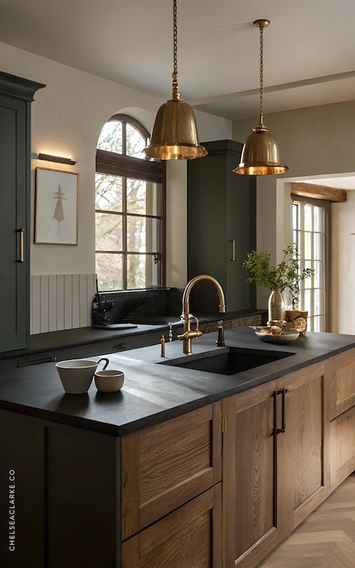 black and wood kitchen cabinets moody dark kitchen aesthetic