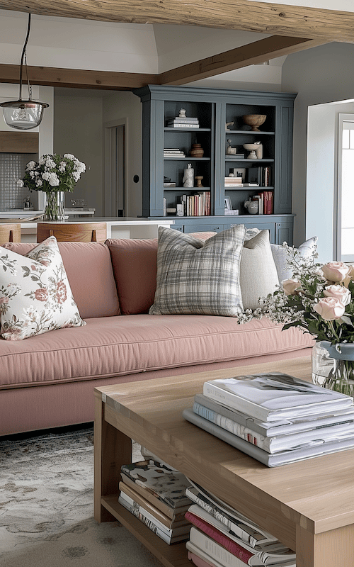 rose pink sofa in a colourful home