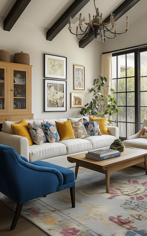 colourful living room with lots of pillows in colorful patterns