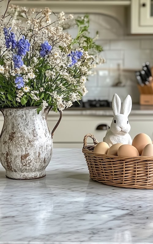 Charming Farmhouse Easter Decor fresh spring flowers in a vase beside eggs and a bunny figure