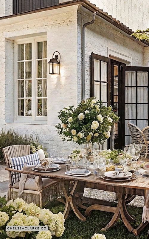 outdoor dining outside old world style cottage spring decor ideas