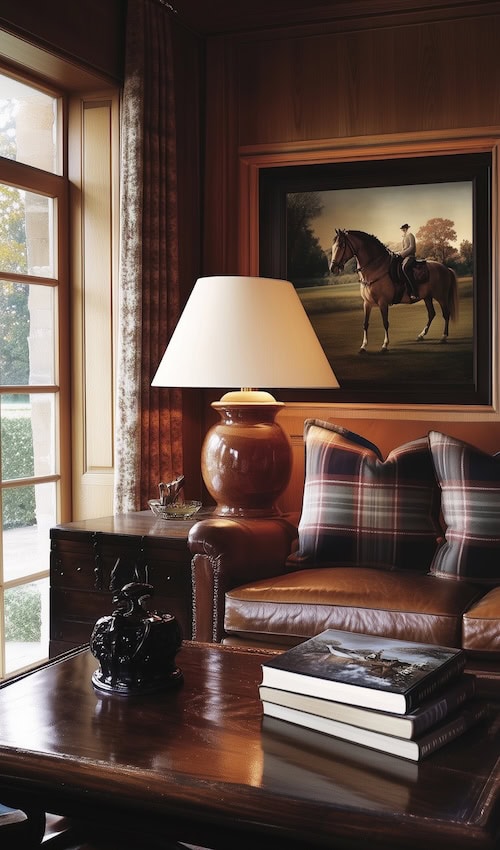 ralph lauren interiors  - ralph lauren home living room english decor horses and plaid tartan