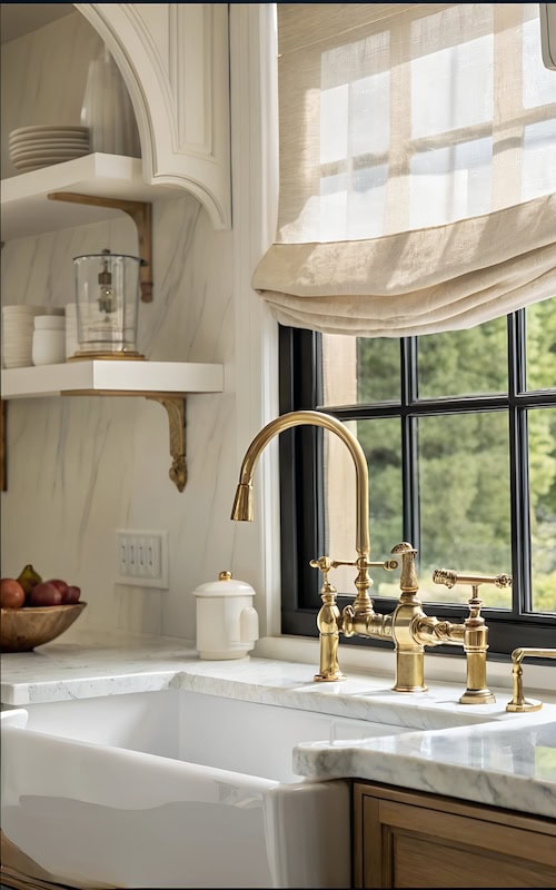 brass faucet and farmhouse sink in old world tiny cottage kitchen