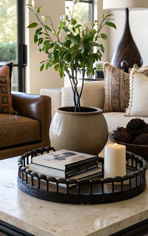 modern spanish decor on coffee table brings outdoors in