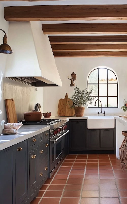 modern Spanish mediterranean kitchen with exposed wood beams