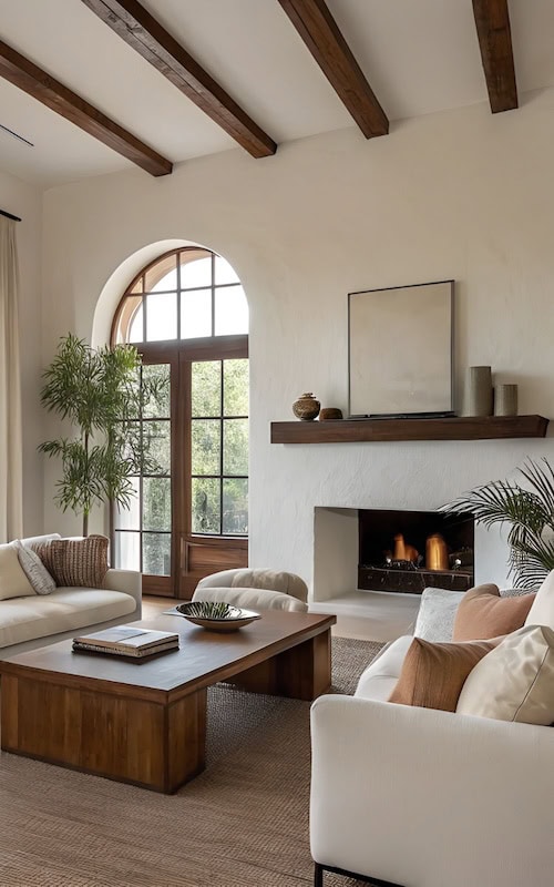 spanish modern interior with jute rug on tile floor