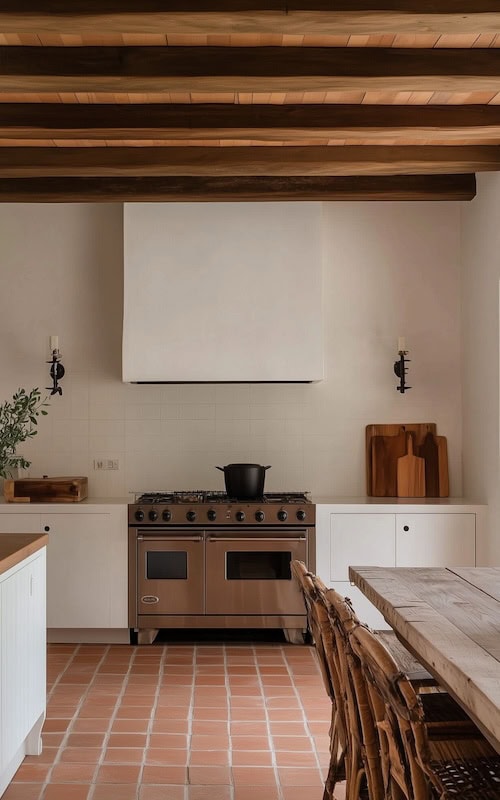 spanish style kitchen with clay tile floor