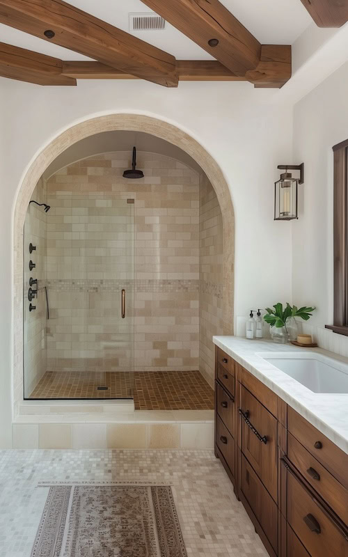 spanish tile backsplash in arch shower bathroom