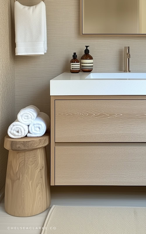 Neutral Bathroom Ideas: White Oak Stain Floating Vanity beside rustic bench