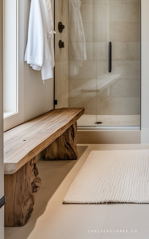 Rustic Wood Bench in an Organic Modern Bathroom