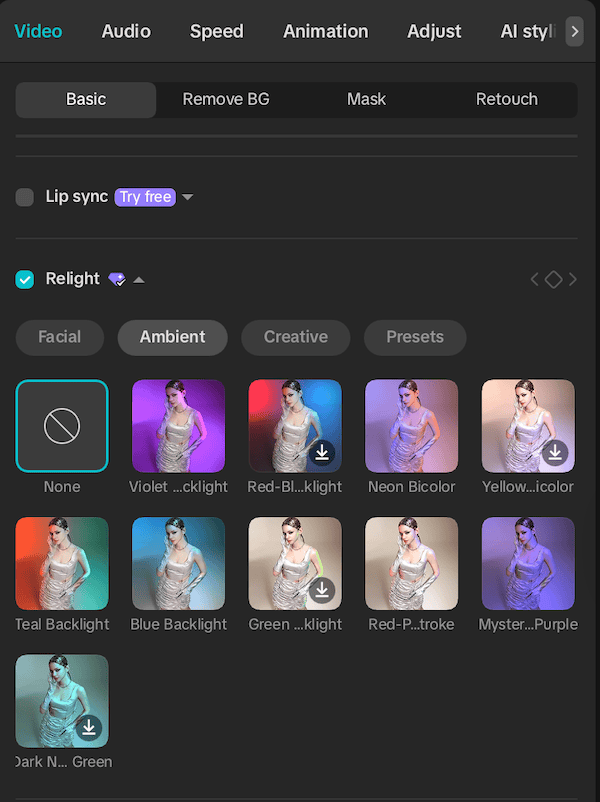 showing how to use relight capcut settings