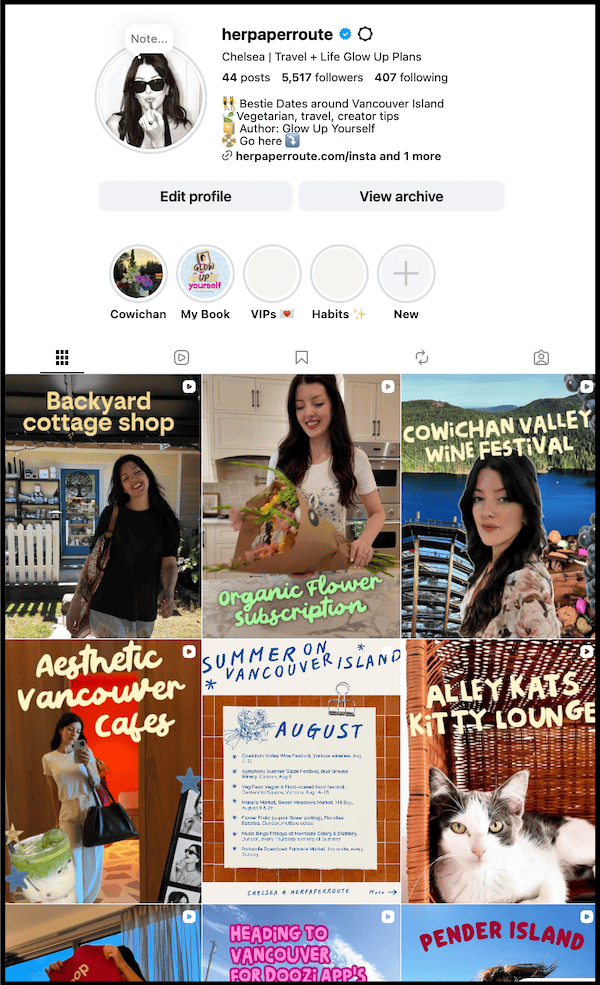 screenshot of chelsea HerPaperRoute instagram tips for creators to use trial reels